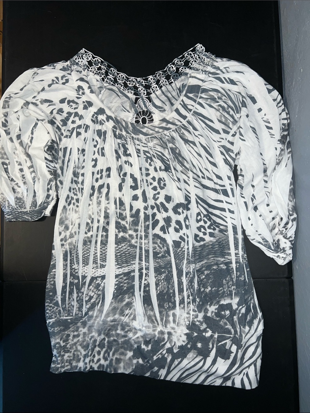 Black & White Animal-Print Peasant Blouse with Smocked Neckline